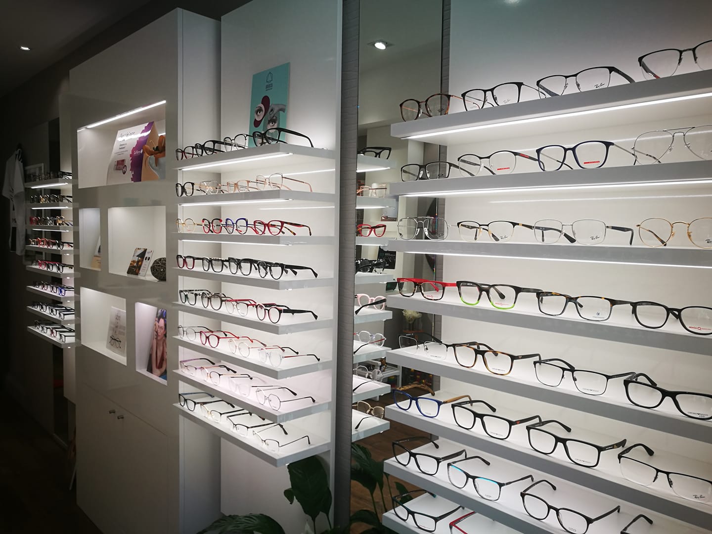Vetrina con montature da vista nel negozio Ottica L'Occhiale a Parma